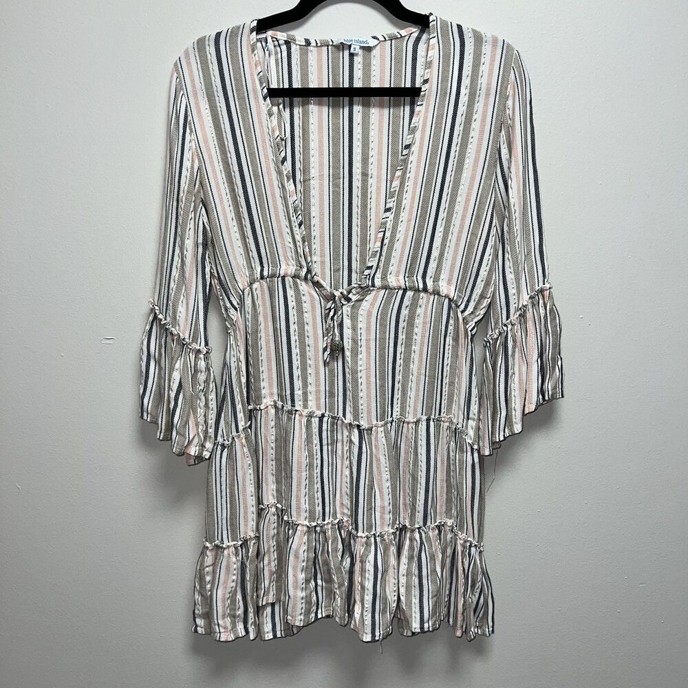 Blue Island Women’s Coverup Small Metallic Striped Pink White Tie Tassel Tiered